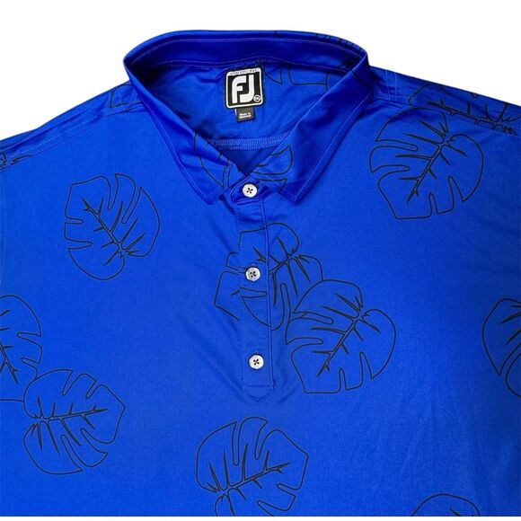 FootJoy FJ Sz XXL Blue Performance Golf Polo Shirt Men’s Tropical Monstera Leaf - Picture 1 of 11